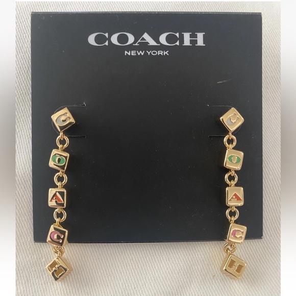 Coach Multi Color Logo Enamel Cube Linear Drop Earrings Gold Tone NWT